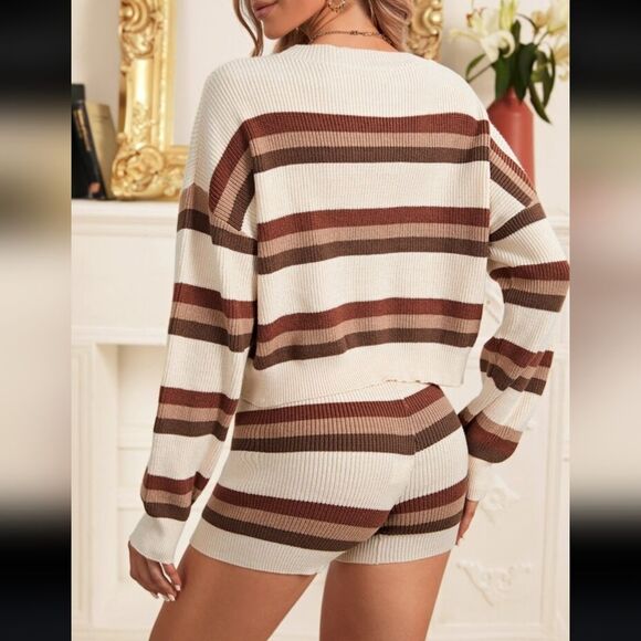 Shein 2 Piece Knitted Shorts And Sweater Striped Sz M - Picture 3 of 11